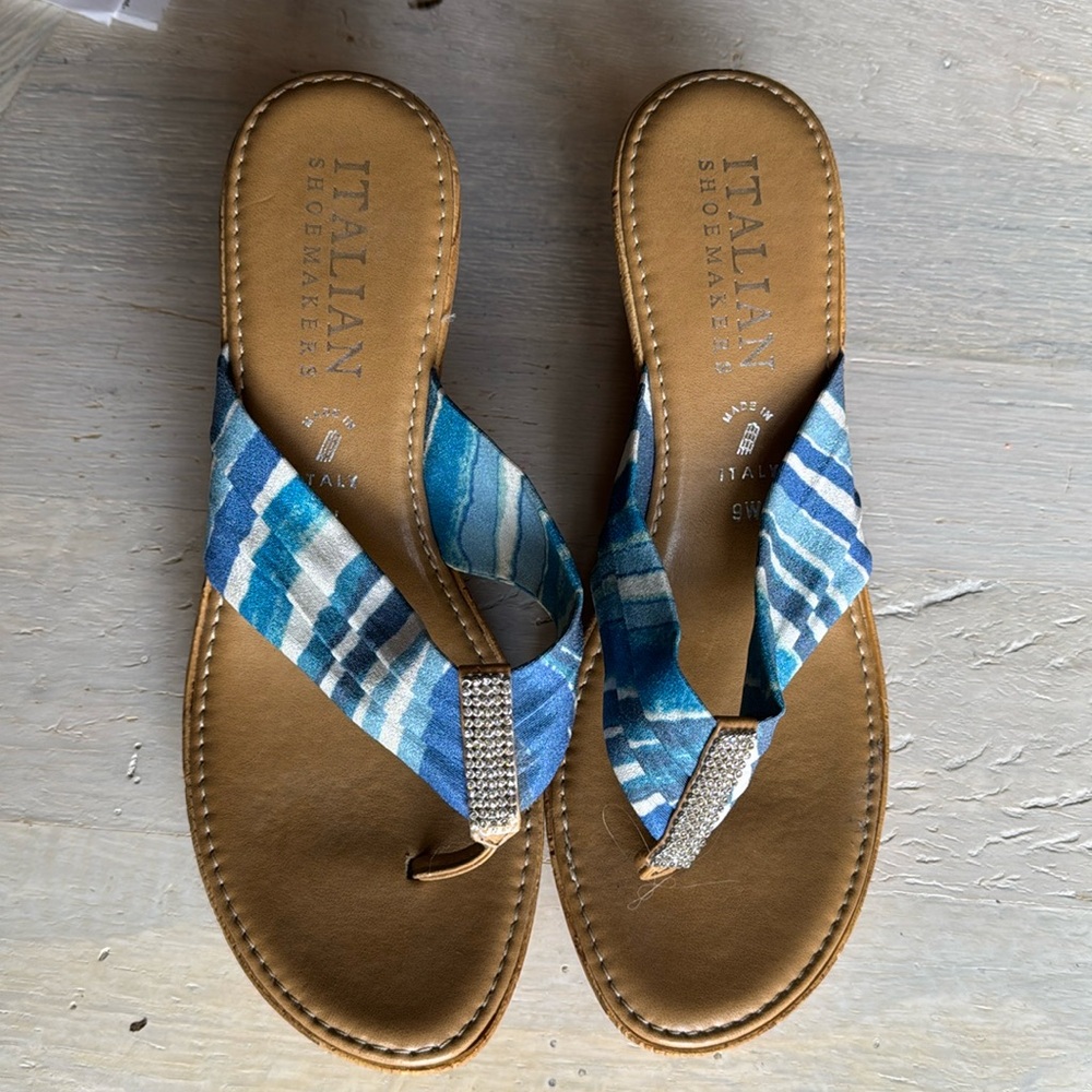 Italian shoemaker, blue fabric wedge flip-flop